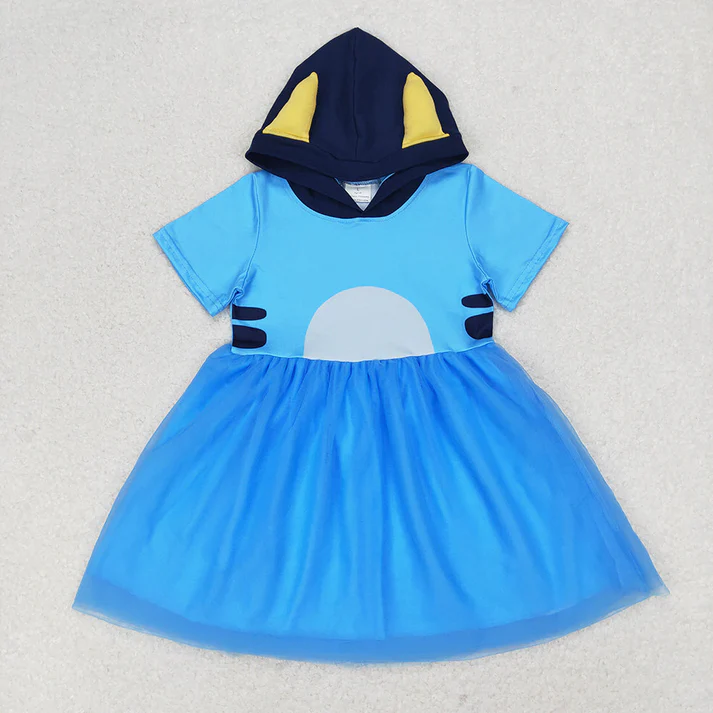 RTS Baby Girls Blue Orange Dogs Ears Sibling Sister Tutu Knee Length Dresses tull dress