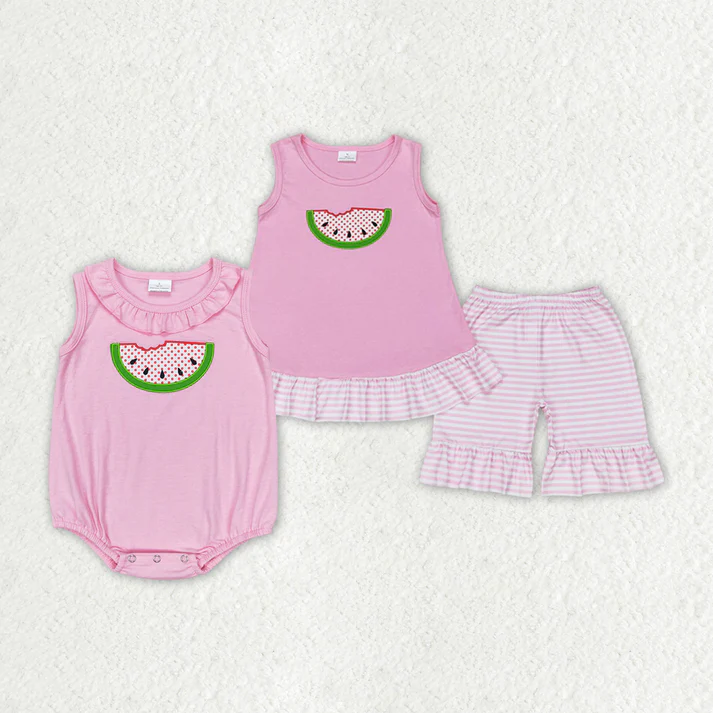 RTS NO MOQ embroidery Baby Girls Watermelon Summer Sibling Sister Rompers Clothes Sets