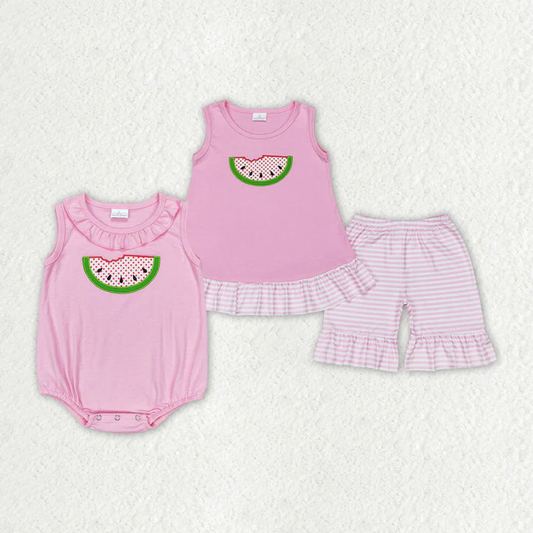 RTS NO MOQ embroidery Baby Girls Watermelon Summer Sibling Sister Rompers Clothes Sets