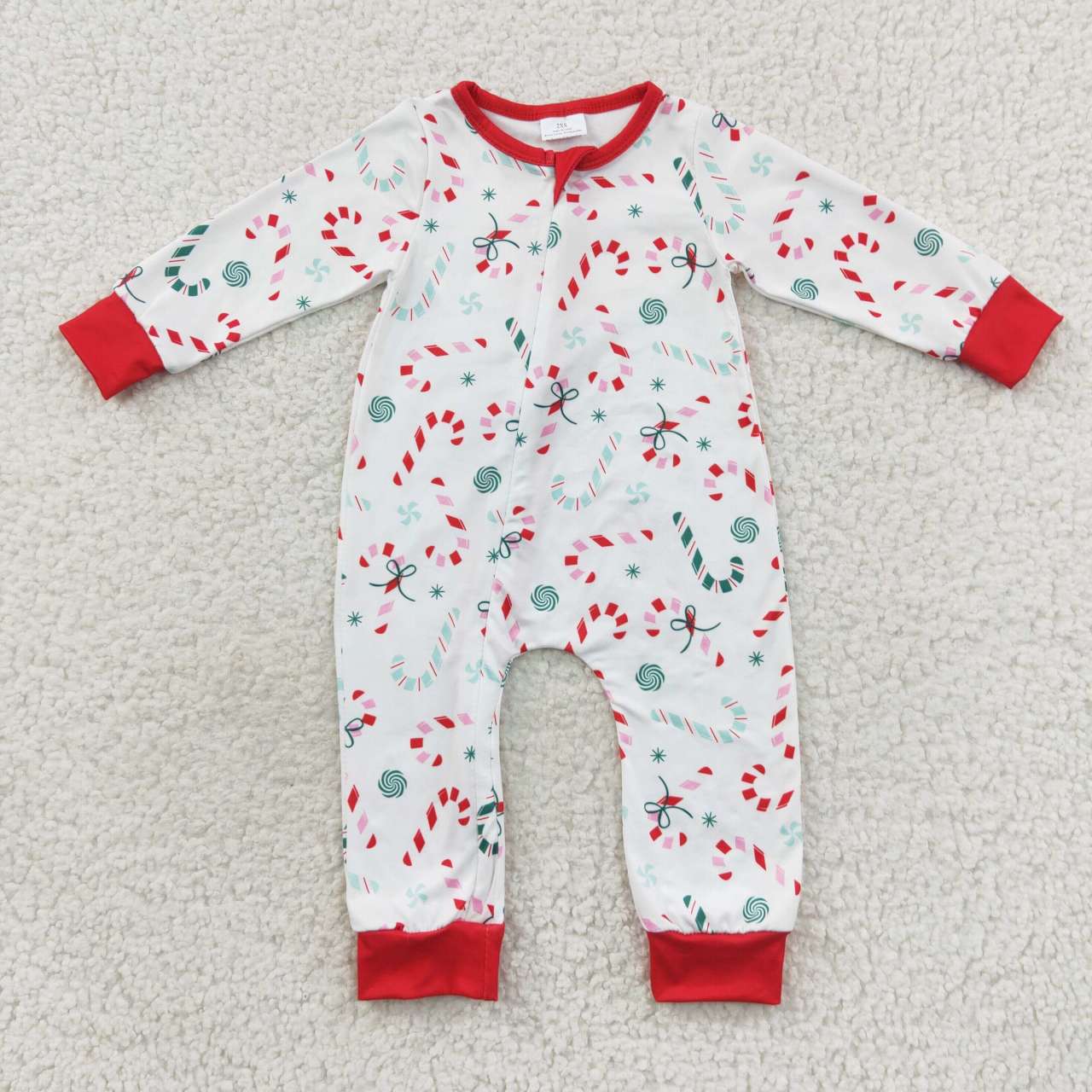 LR0506 Candy Cane Red Trim White Zipper Long Sleeve Bodysuit