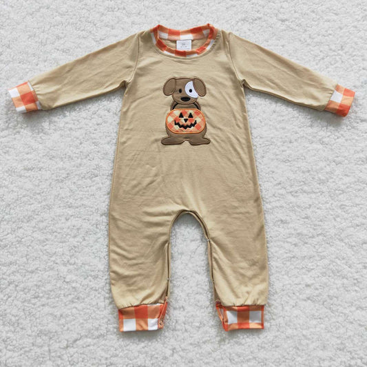 LR0291 Boys Embroidered Puppy Jack-O-Lantern Plaid Beige Halloween Long Sleeve Onesie