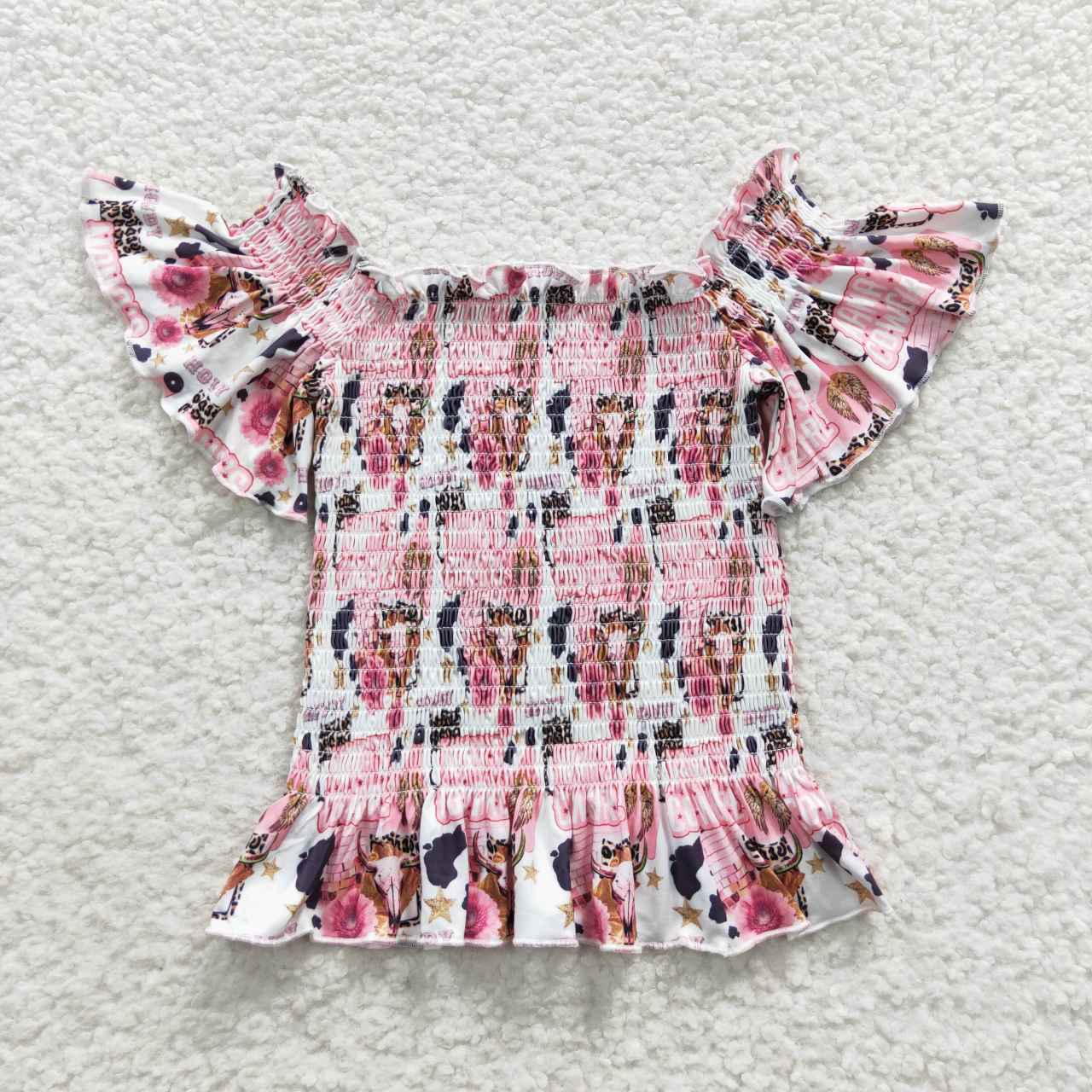 GT0183 Pink MAMA Leopard Bull Head Off Shoulder Top