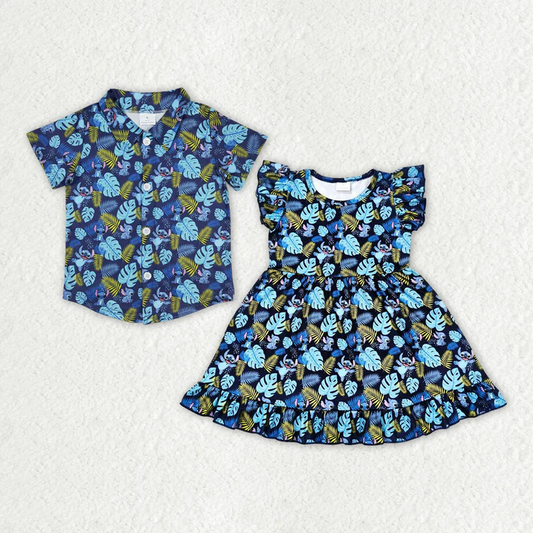 RTS no moq Baby Girls Blue Cartoon Animal Sibling Designs Clothing