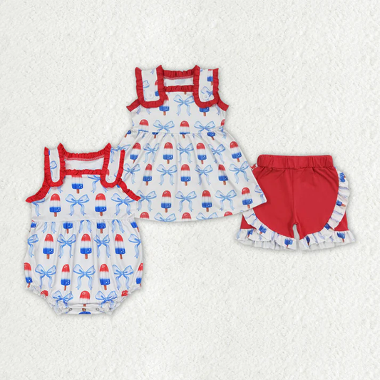 RTS NO MOQ Baby Girls Popstick Bows Sibling Sister Rompers Clothes Sets