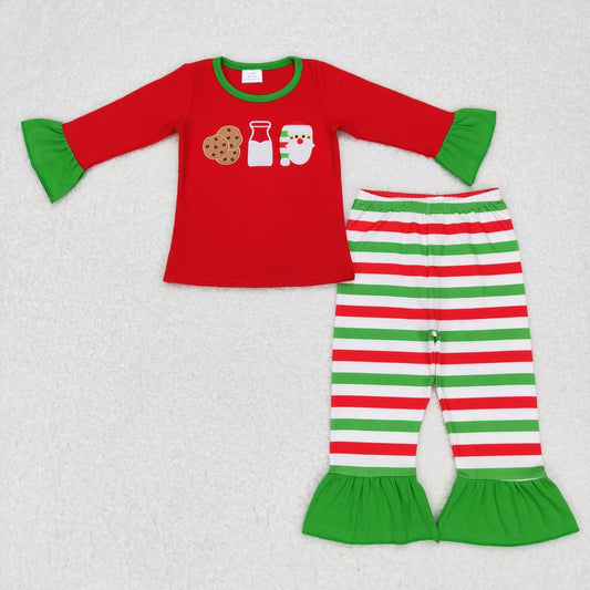 GLP0726 Embroidery Cookies Milk Santa Lace Red Green White Striped Long Sleeve Pants Suit