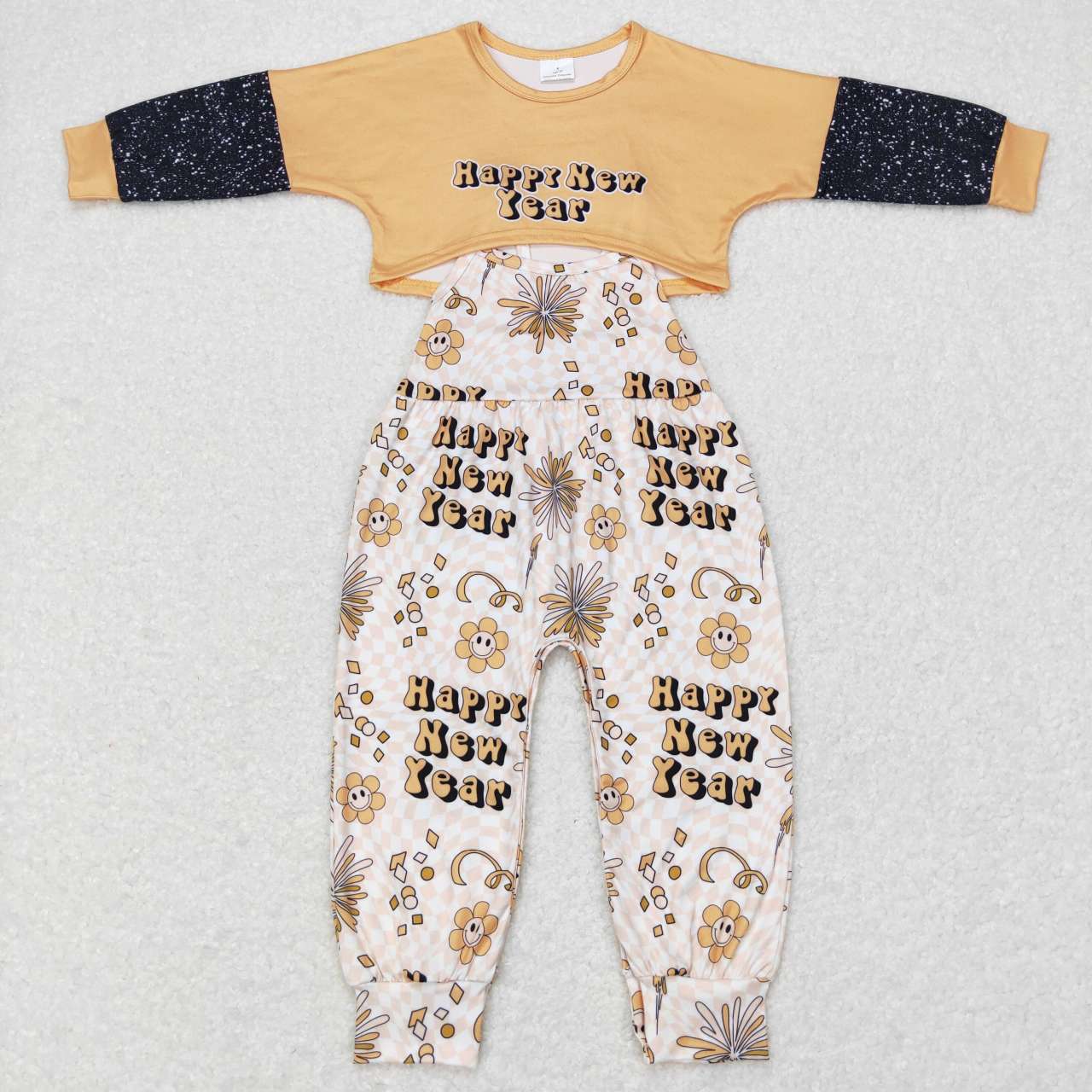 GLP0917 happy new year smiley plaid yellow long sleeve suspender jumpsuit suit