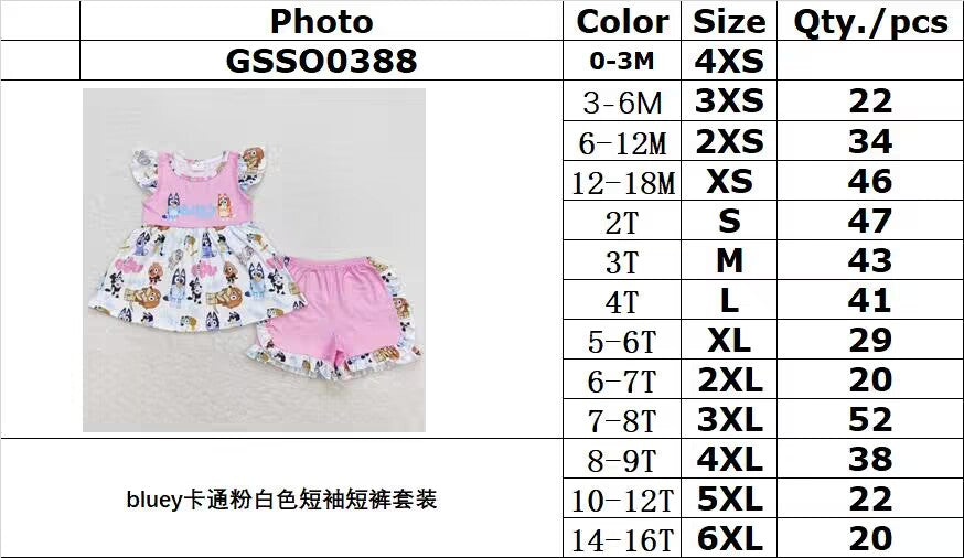 RTS no moq GSSO0388 bluey cartoon pink and white short-sleeved shorts suit