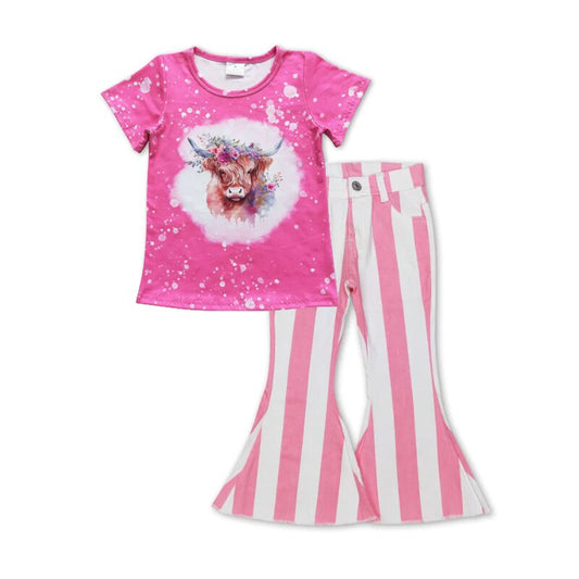 P0315 Pink and white striped denim trousers+GT0212 Alpine cow flower rose red short-sleeved top