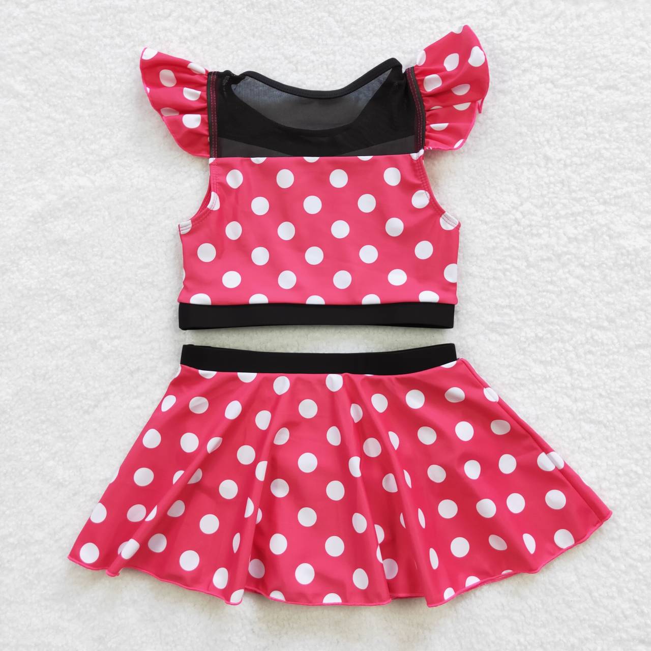 S0147 Pink Polka Dot Short Sleeve Skirt Swimsuit Set