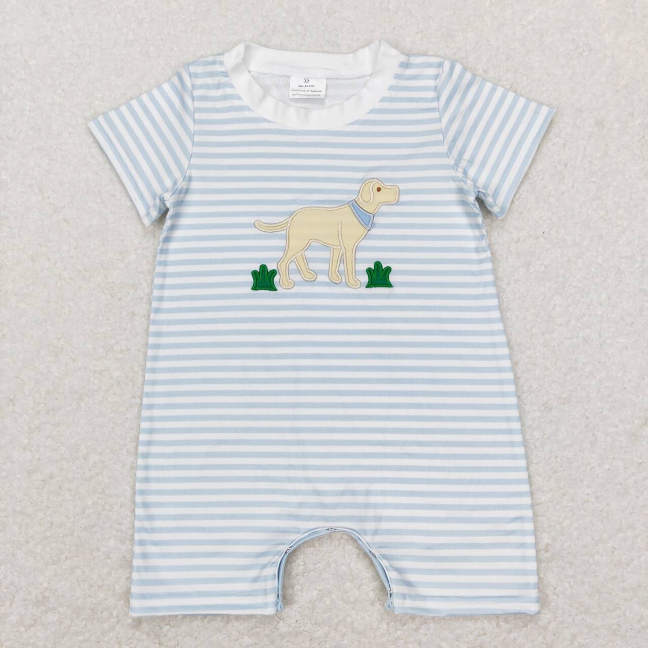 SR0526 Embroidered puppy lawn blue and white striped short-sleeved jumpsuit