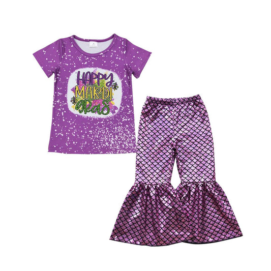 P0249 Fish scale pattern purple trousers+GT0374 happy mardi gras letter purple short sleeve top