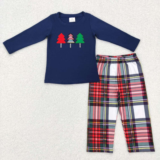 BLP0352 Embroidered Three Christmas Trees Navy Blue Long Sleeve Red Plaid Pants Suit