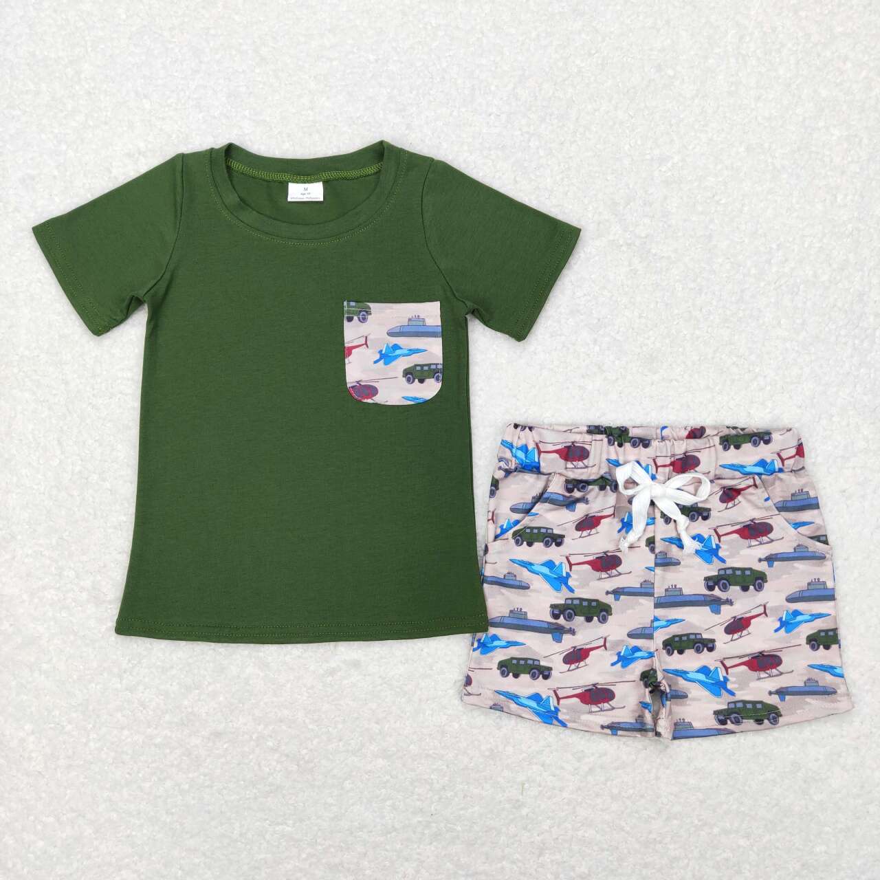 BSSO0338 Airplane Yacht Pocket Green Short Sleeve Camouflage Shorts Set