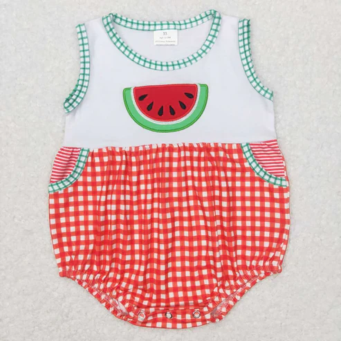 RTS Baby Boys Watermelon Sibling Summer Rompers Clothes Sets Watermelon embroidery