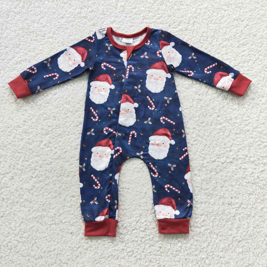 LR0498 Candy Cane Santa Navy Blue Zipper Long Sleeve Onesie