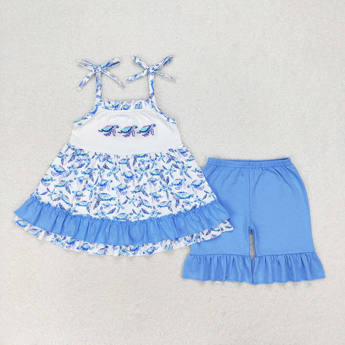 RTS NO MOQ  Baby Girls Boys Sibling Turtles Top Blue Summer Clothes Sets
