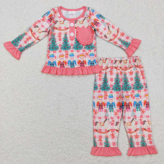 GLP0749 Cartoon Soldier Nutcracker Plaid Pink Lace Long Sleeve Pants Suit