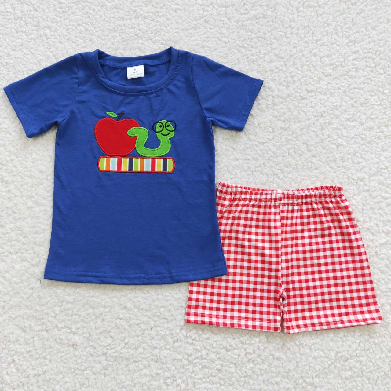 BSSO0254 Boys Embroidered Back to School Apple Caterpillar Blue Short Sleeve Shorts Set