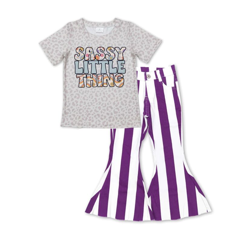 P0331 Purple and white striped denim trousers+GT0401 sassy little thing letter flower leopard print short-sleeved top