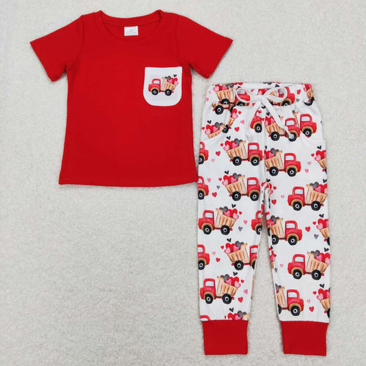 BSPO0267 Love Truck Pocket Red Short Sleeve Pants Suit