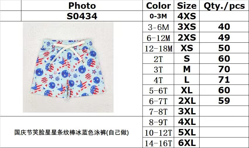 S0434 pre-order baby boy clothes National Day Smiling Stars Stripes Popsicle Lace Blue swim shorts 3-6M to 6-7T