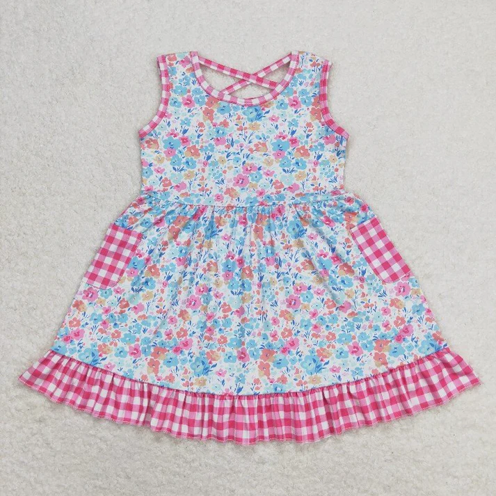 RTS NO MOQ Baby Girls Pink Checkered Floral Summer Sibling Rompers Clothes Sets