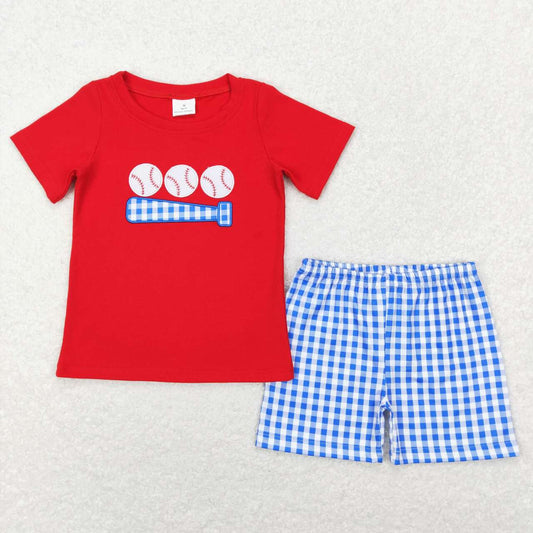 BSSO0388 Embroidered baseball red short-sleeved blue plaid shorts suit