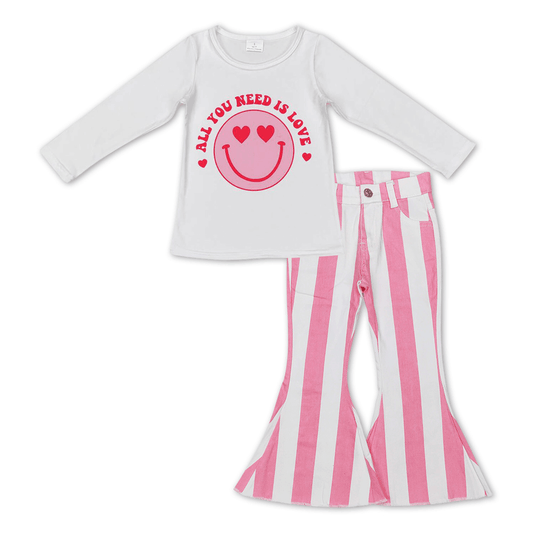 P0315 Pink and white striped denim trousers+GT0388 all you need is love love smiley white long sleeve top