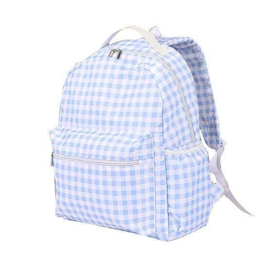 Blue and white plaid backpack