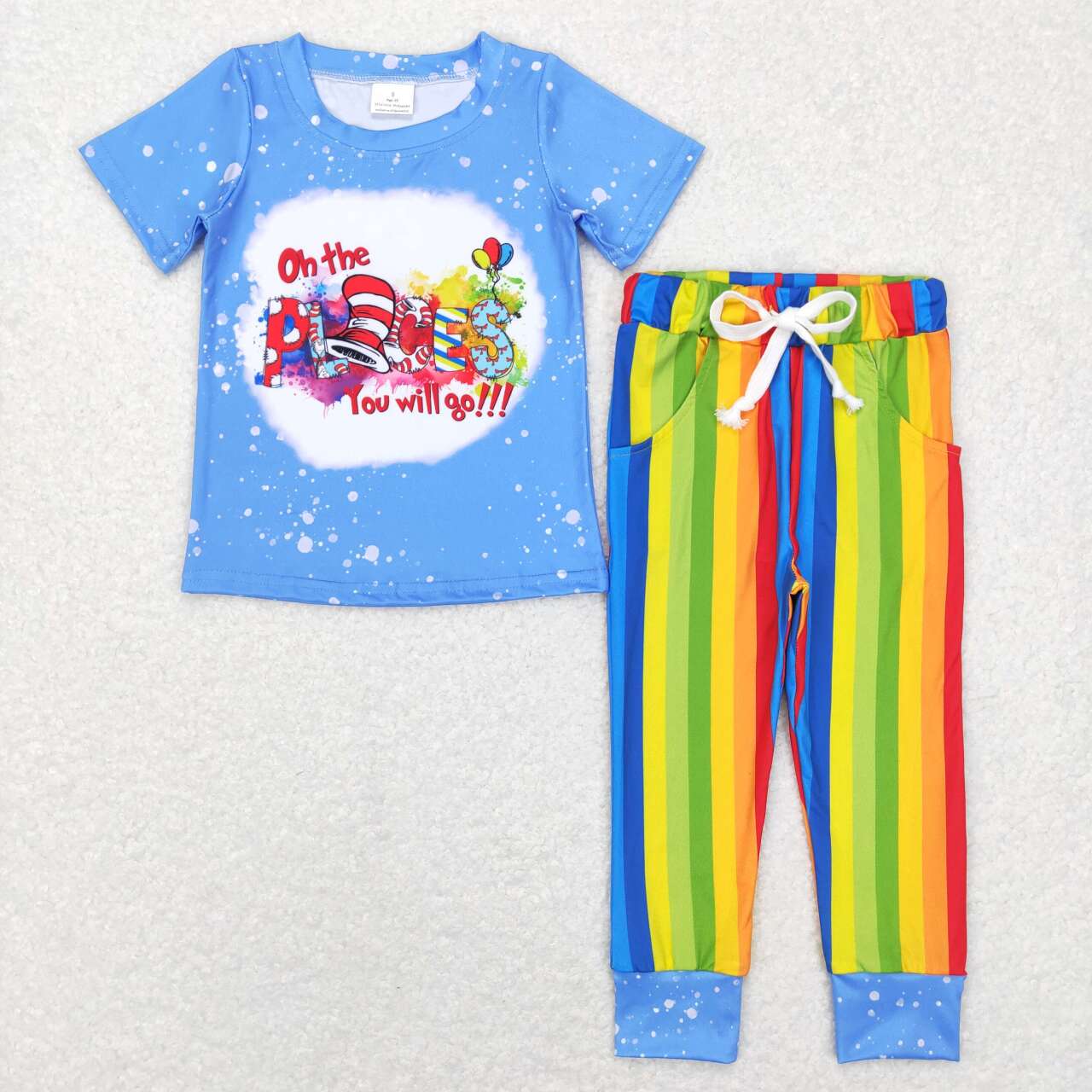 BSPO0176 Boys places dr seuss letter blue short sleeve colorful striped trousers suit