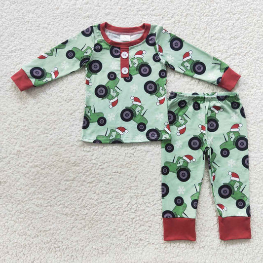 BLP0285 Snowflake Farm Tractor Green Red Long Sleeve Trousers Set