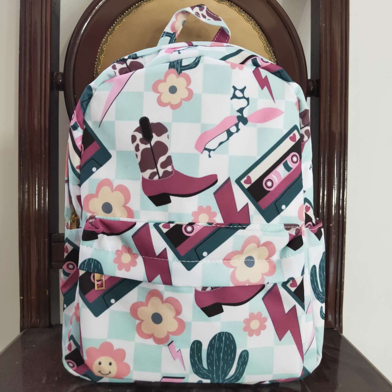 BA0082 Boot Tape Lightning Cactus Flower Green and White Check Backpack