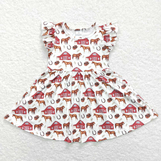 GSD0518 Farm Red House Horse Beige Flying Sleeve Dress