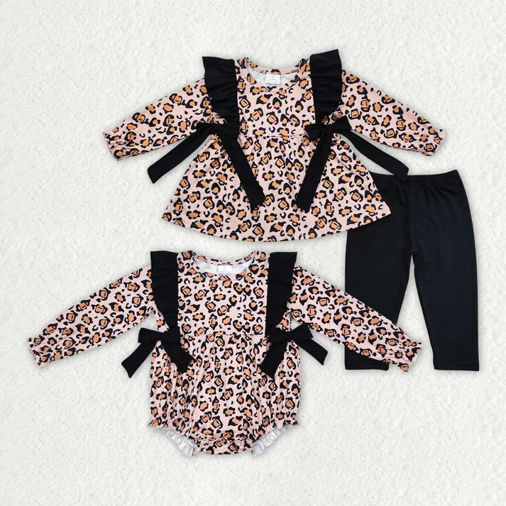 RTS NO MOQ Baby Girls Leopard Bows Sibling Rompers Clothes Sets Leopard print long-sleeved trousers and romper