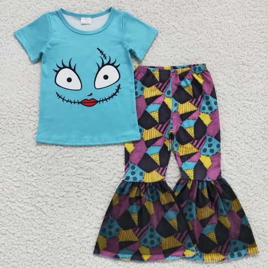 GSPO0821 sally cartoon smiling face blue short-sleeved patchwork black gauze trousers suit