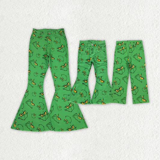 RTS NO MOQ Mommy and Me adult Sibling Christmas Green Frog Face Denim Bell Pants hot sell