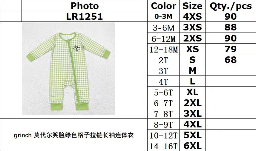 bamboo rts no moq LR1251 Grinch Modal smiley green plaid zipper long-sleeved jumpsuit