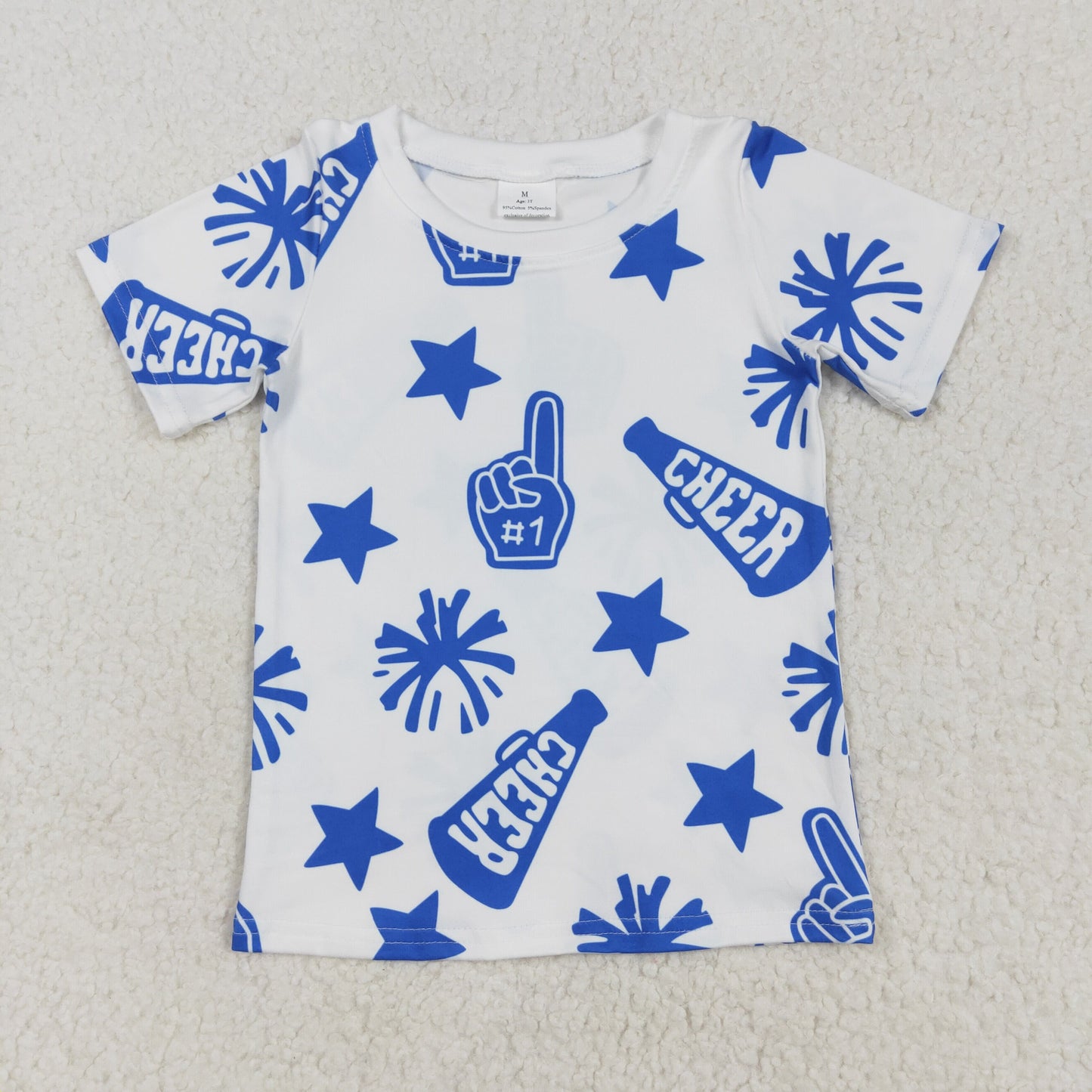 RTS NO MOQ ETA 5/7days Arrived GT0941 Cheer blue fireworks star white short-sleeved top