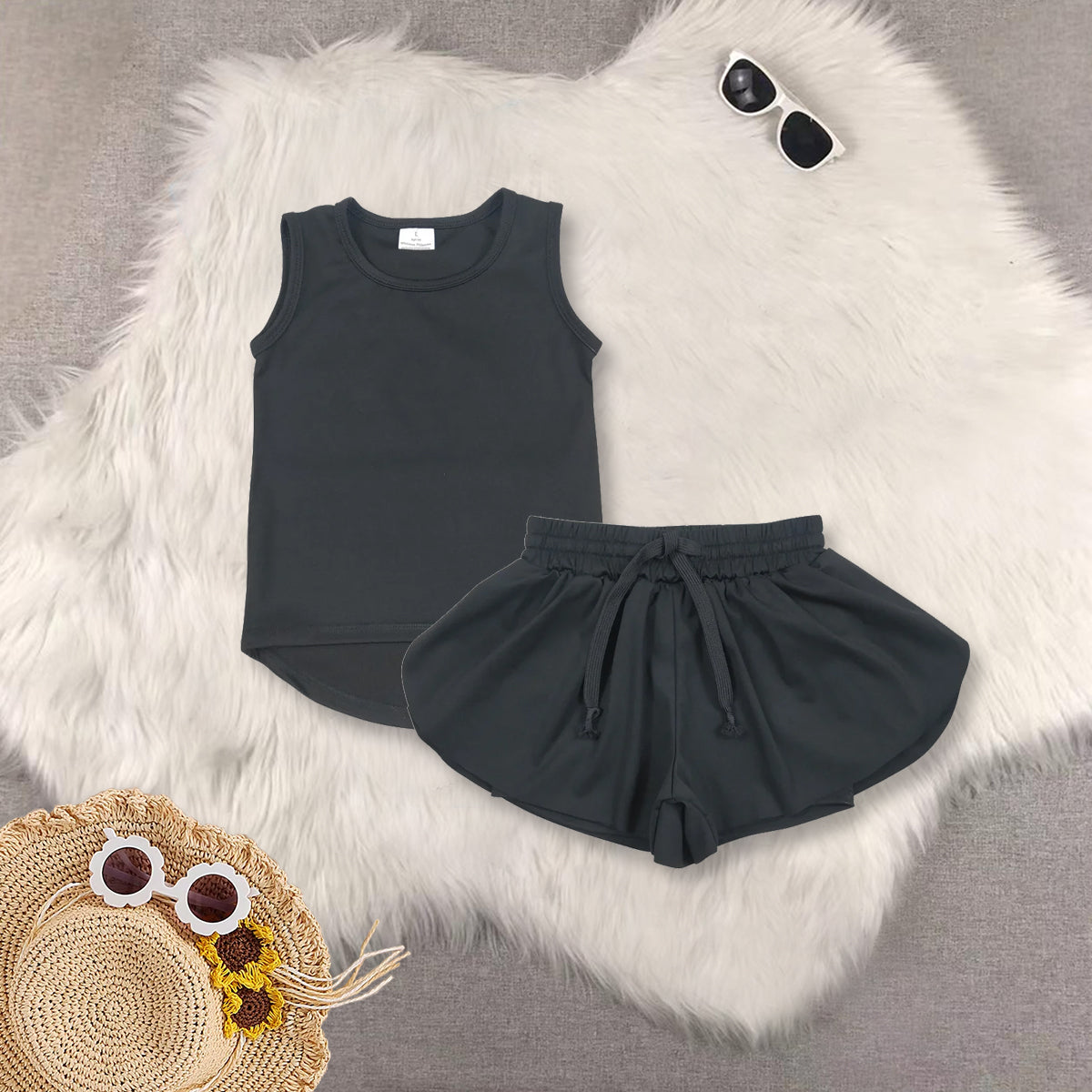 RTS NO MOQ Sibling baby girls clothes yoga Pure black sleeveless short sets and Top and shorts