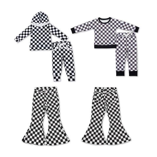 RTS NO MOQ BLP0786 BLP0434 P0349 Black and white plaid hooded long-sleeved suit & long-sleeved suit & denim flared pants