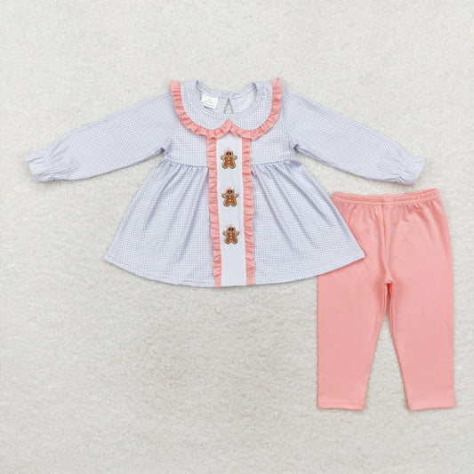 rts no moq GLP1330 embroidery gingerbread man pink lace doll collar blue plaid long-sleeved trousers set