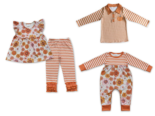 RTS NO MOQ Flower Halloween Pumpkin Outfit Romper Top Matching