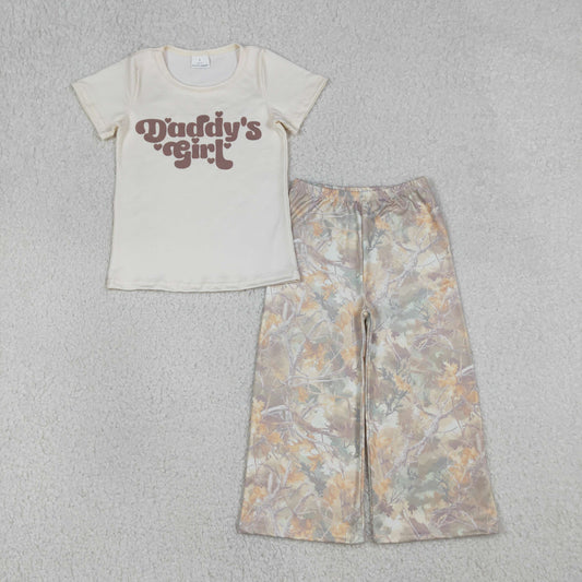 RTS NO MOQ（In Stock) GT1567+P1019 Daddy's Girl Letter Beige Short-Sleeve Top Branch and Leaf Pants set-GSPO2258