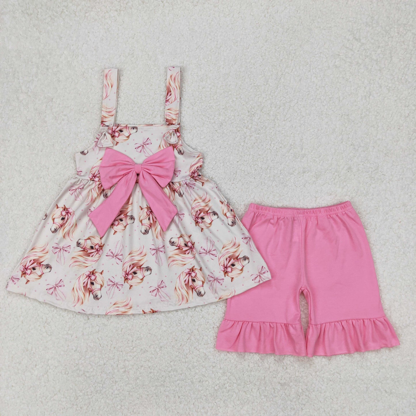 RTS NO MOQ ETA 5/7days Arrived GSSO2100 Pink bow pattern pony lace sleeveless shorts set