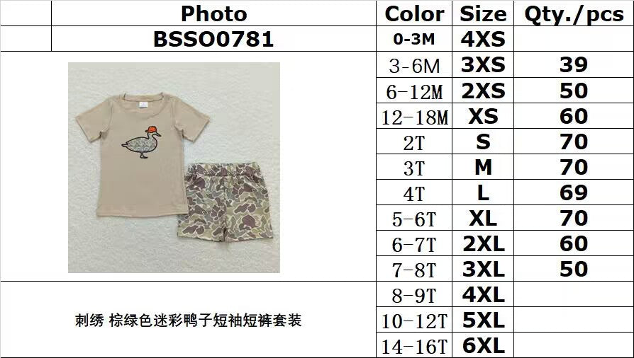 BSSO0781 Embroidered brown and green camouflage duck short-sleeved shorts suit