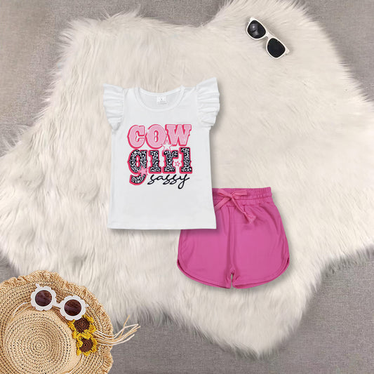 RTS NO MOQ Sibling baby girls clothes cow girl short sleeve top yoga shorts sets