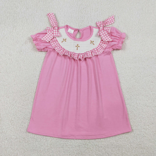 RTS NO MOQ（In Stock ) GSD3178 Embroidered cross, pink and white checkered lace short-sleeved dress