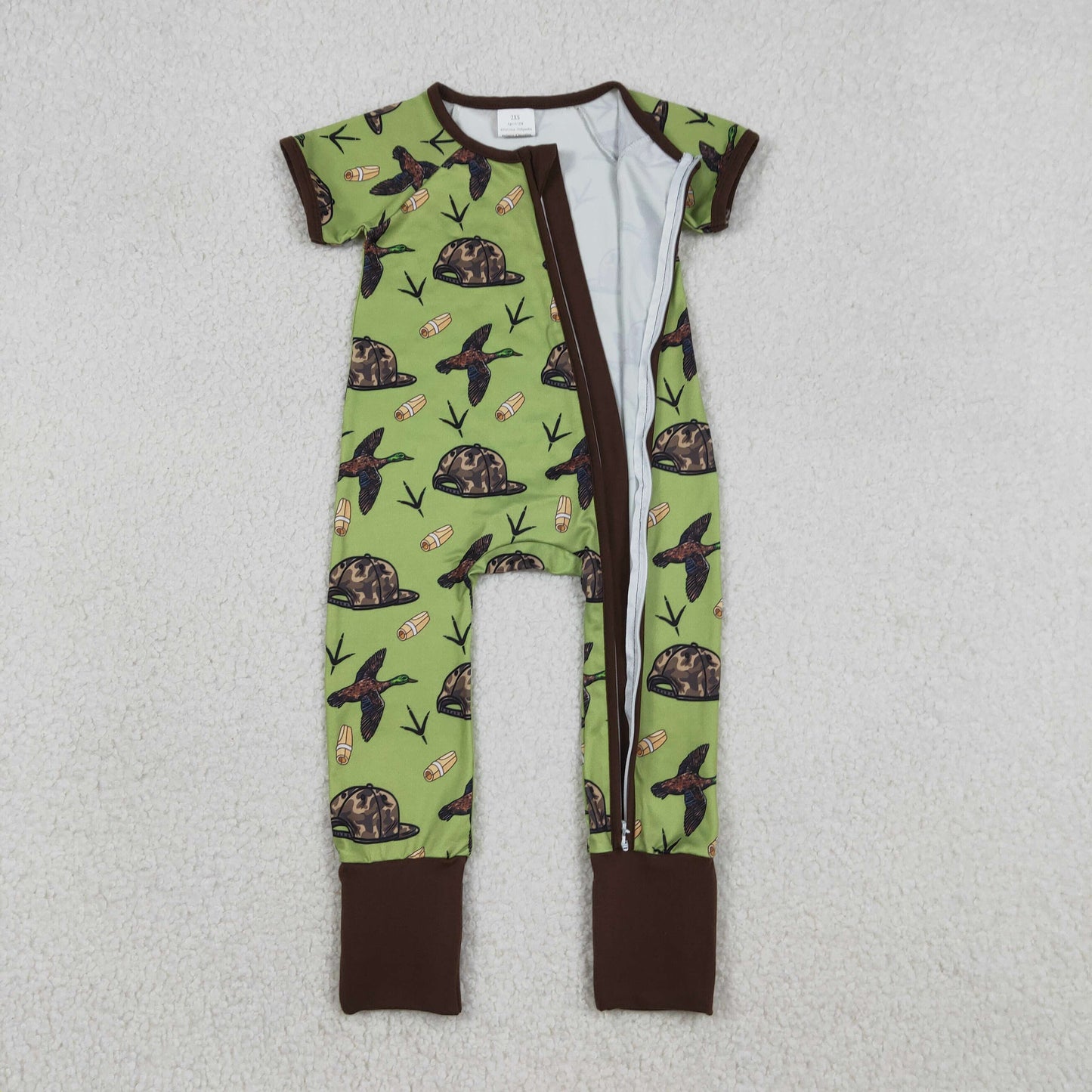 RTS NO MOQ（In Stock) Brown Green Zipper Short-Sleeve Jumpsuit with Duck Camouflage Hat