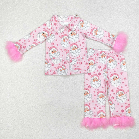 RTS NO MOQ ETA 5/7days arrived GLP1900 Santa Claus snowflake pink plush edge long sleeve long pants pajamas set