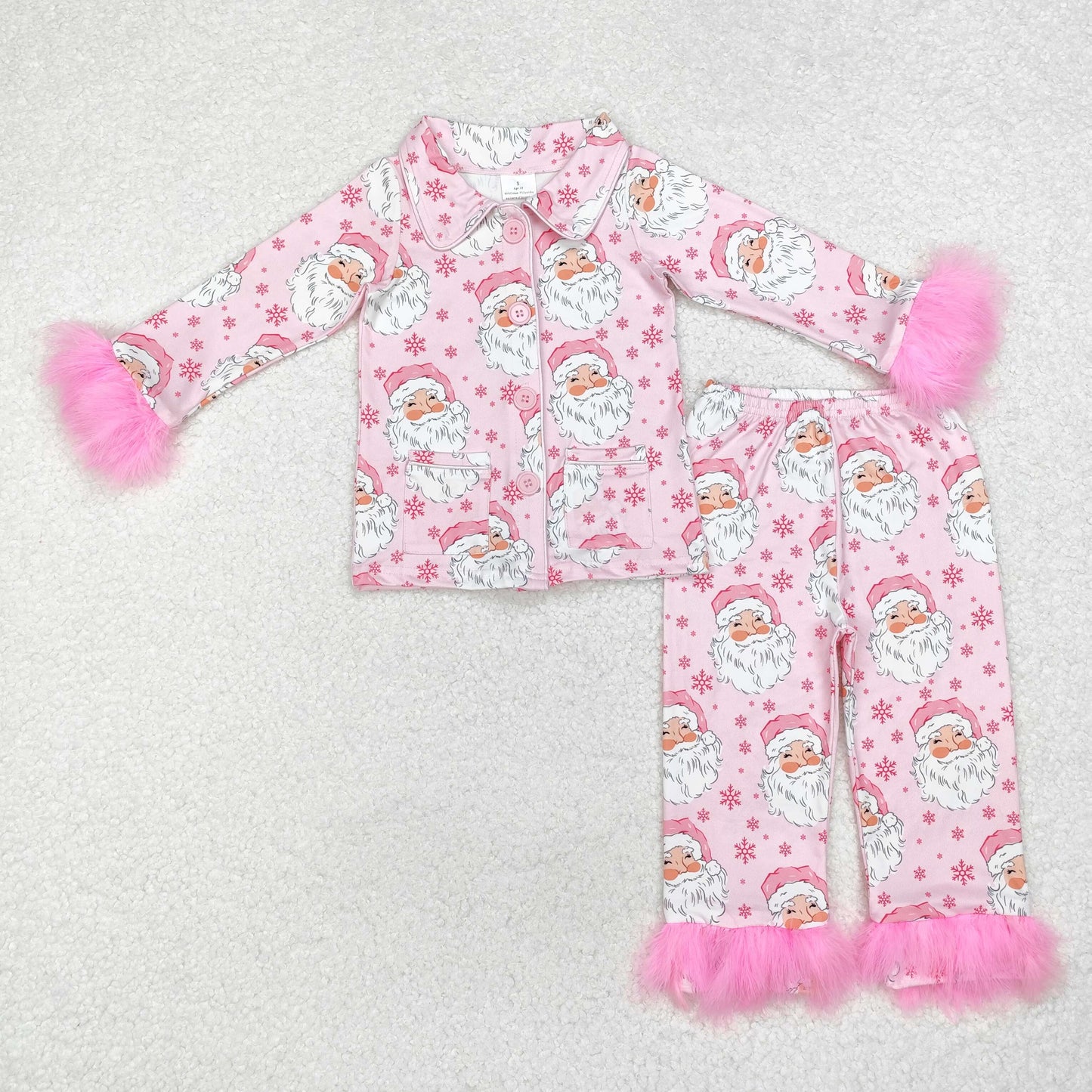 RTS NO MOQ ETA 5/7days arrived GLP1900 Santa Claus snowflake pink plush edge long sleeve long pants pajamas set